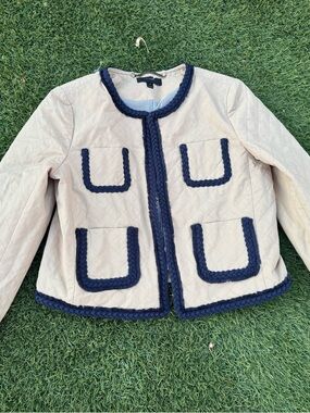 J. Crew Quilted Cream Jacket with Navy Braid Trim